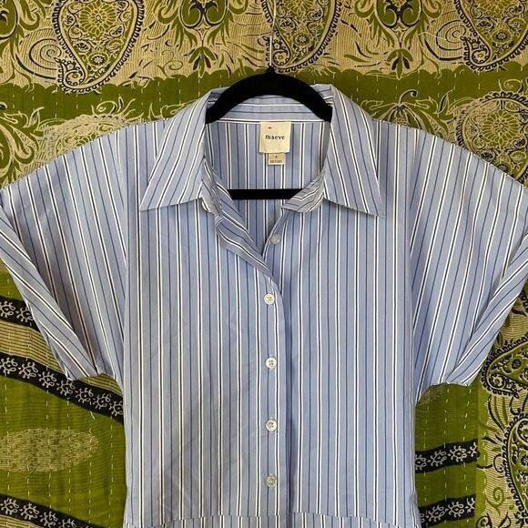 Maeve Blue/ White Striped Button Front Wrap Mini Shirt Dress Size Small - Picture 3 of 16